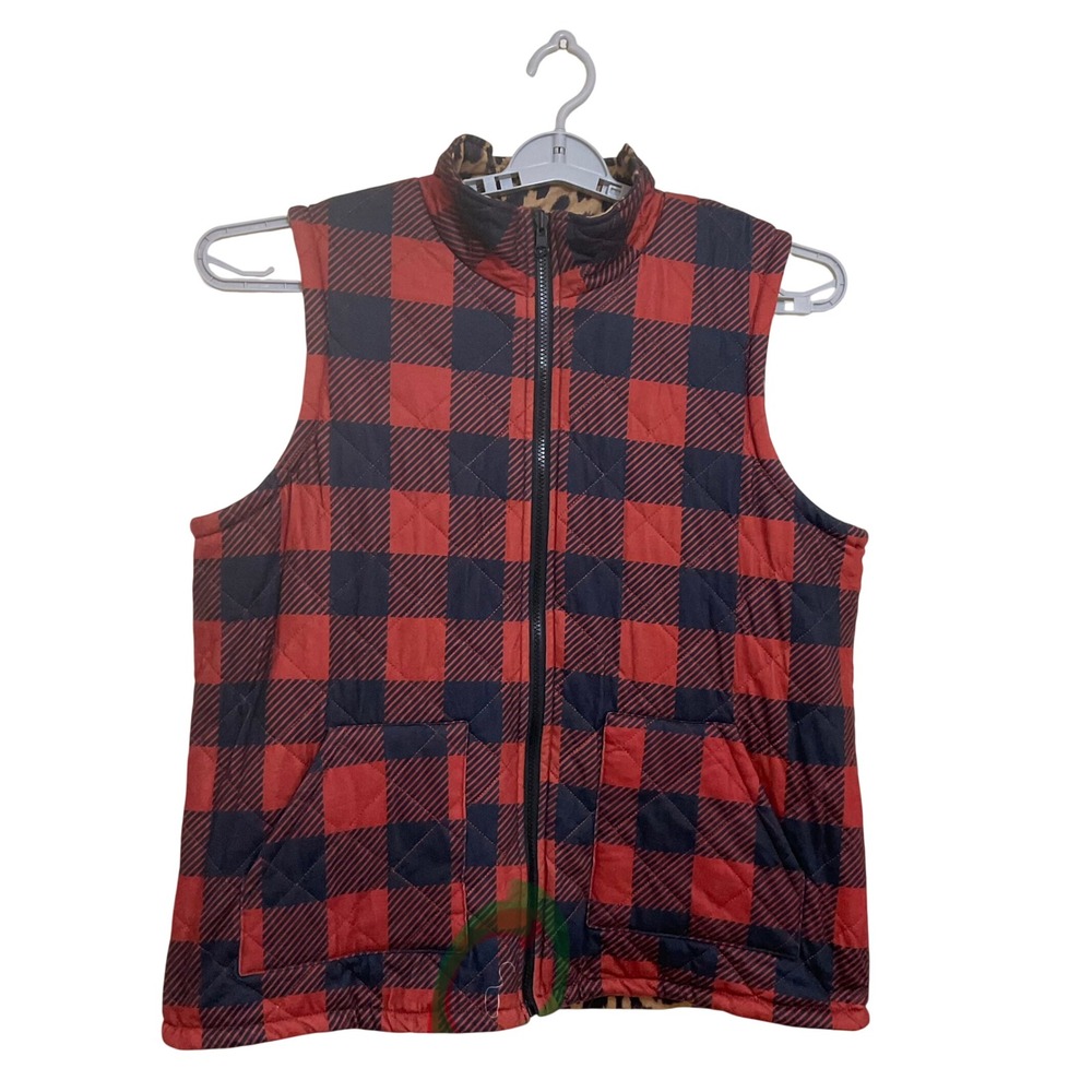 Crazy Train Vest Womens L Red Excellence Reversible Buffalo Plaid Leopard